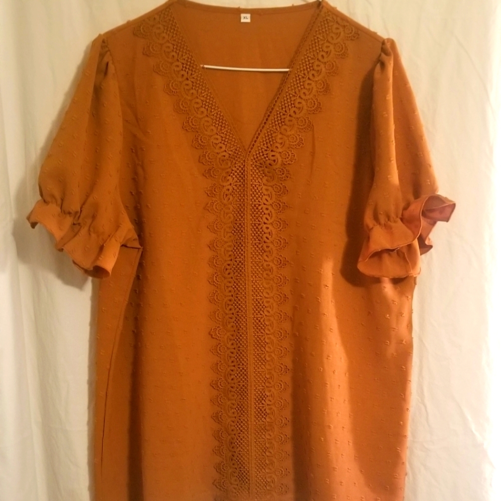 Re-poshing-Rust Orange V-Neck Tunic with Lace Trim - Unbranded